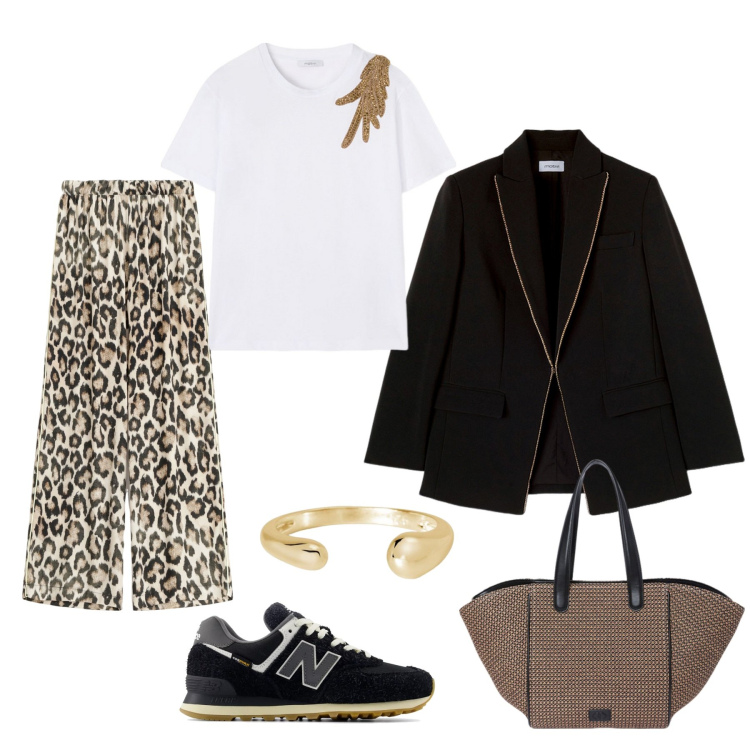 Outfit donna - Aperitivo. Stile Casual per Tutti i giorni. Abbinamento con anelli, sneakers, pantaloni a palazzo, blazer, shopping bag, t-shirt.