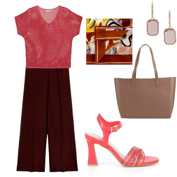 Outfit donna - Serata tra amici. Stile Casual chic per Serata fuori. Abbinamento con borse a spalla, foulard, maglieria, orecchini, sandali col tacco, pantaloni a palazzo.