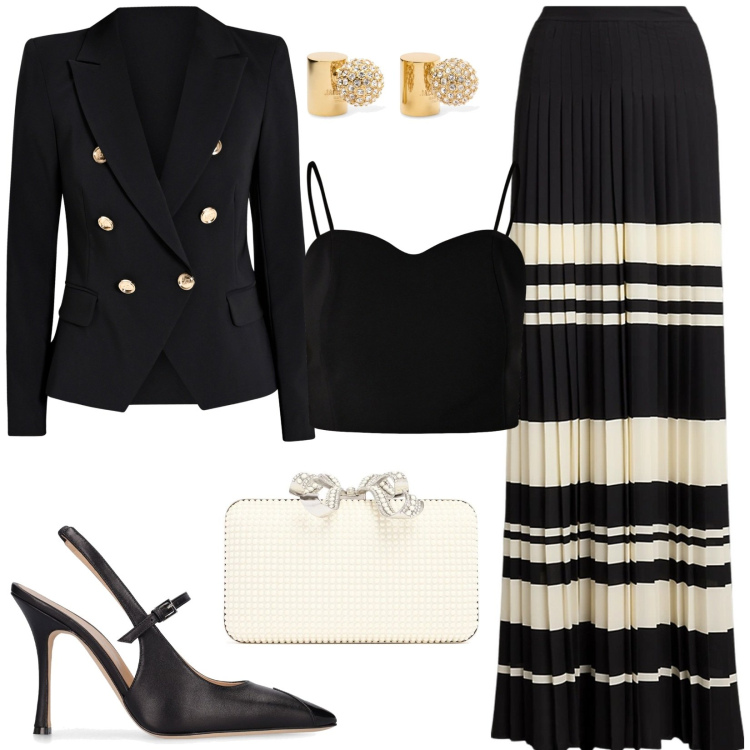 Outfit donna - Cerimonia di sera. Stile Glamour per Cerimonia. Abbinamento con blazer, top, pantaloni, orecchini, décolleté, pochette.