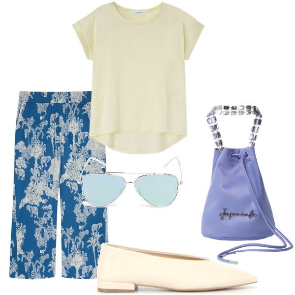 Outfit donna - Il pantalone a fiori. Stile Casual per Tutti i giorni. Abbinamento con borse a secchiello, pantaloni, occhiali da sole, t-shirt, ballerine.