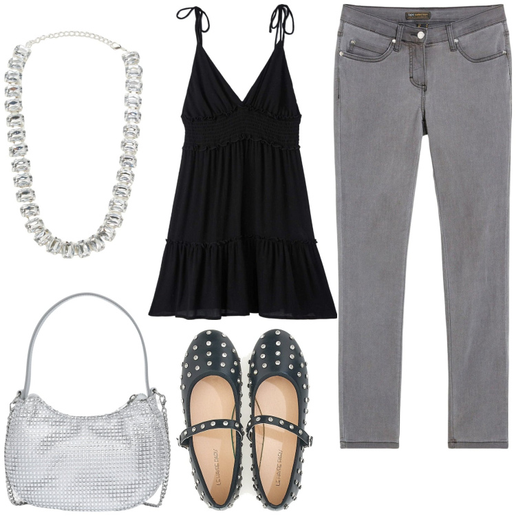 Outfit donna - Serata con le amiche. Stile Casual chic per Serata fuori. Abbinamento con jeans slim fit, vestiti, collane, borse a spalla, ballerine.