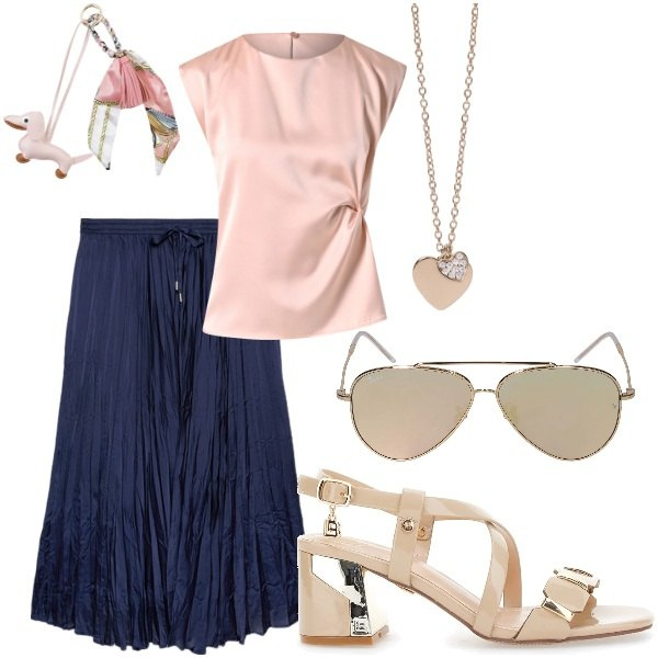 Outfit donna - Il gonnelone in raso. Stile Casual chic per Tutti i giorni. Abbinamento con ciondoli, top, portachiavi, sandali col tacco, gonne lunghe, occhiali da sole.