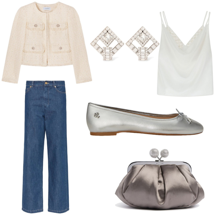 Outfit donna - Sofisticata in jeans. Stile Glamour per Cerimonia. Abbinamento con canottiere, ballerine, pochette, blazer, orecchini, jeans dritti.