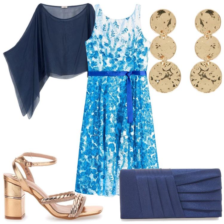 Outfit donna - Total look #2126548. Stile Trendy per Cerimonia. Abbinamento con vestiti, sandali col tacco, bolero, pochette, orecchini.