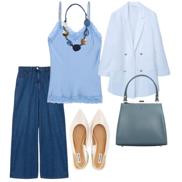 Outfit donna - Scarpe comode. per Ufficio. Abbinamento con blazer, ballerine, clutch, jeans, top, collane.