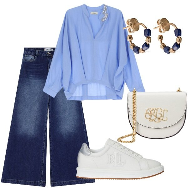 Outfit donna - Aperitivo veloce. Stile Casual per Serata fuori. Abbinamento con jeans, camicie, borse a tracolla, sneakers, orecchini.