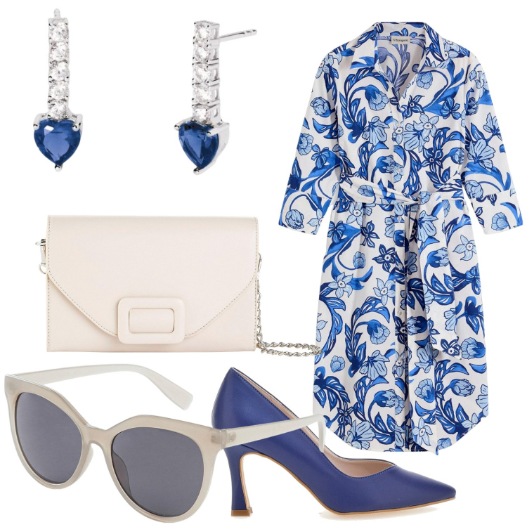 Outfit donna - Outfit semplice e versatile. Stile Bon Ton per Tutti i giorni. Abbinamento con vestiti chemisier, pochette, borse a tracolla, orecchini, décolleté.
