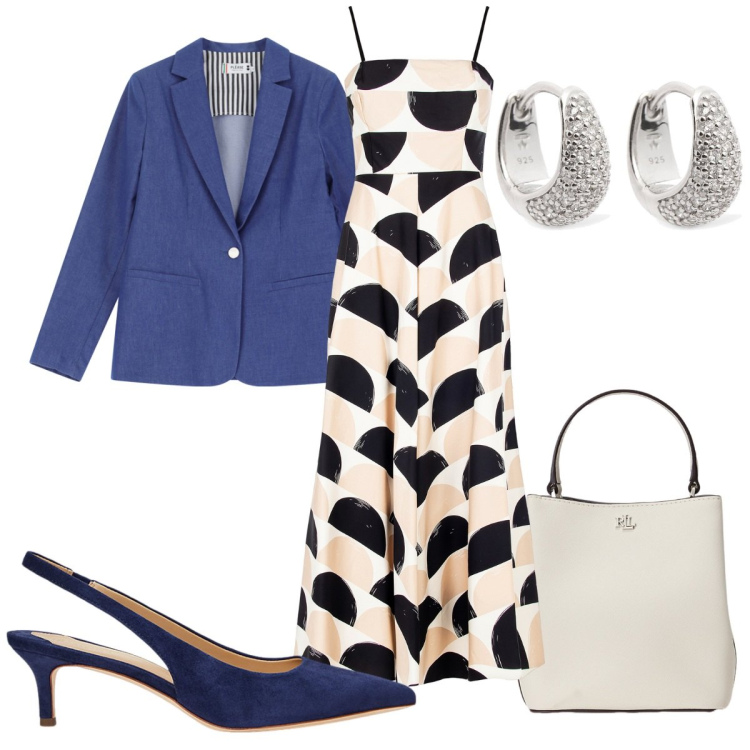 Outfit donna - Total look #2126557. Stile Trendy per Cerimonia. Abbinamento con vestiti midi/longuette, blazer, décolleté, borse a secchiello, orecchini.