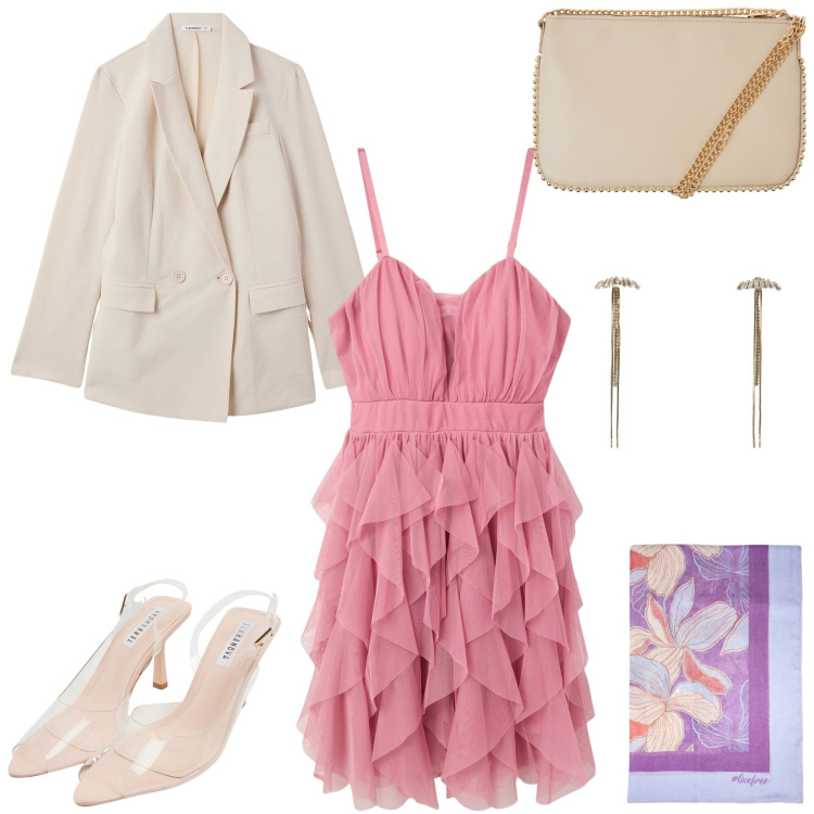 Outfit donna - Beige and pink. Stile Glamour Abbinamento con sandali col tacco, blazer, borse a tracolla, vestiti corti, orecchini, stole.