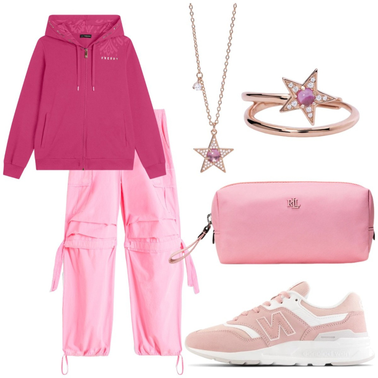 Outfit donna - Rosa ovunque. Stile Casual per Scuola/Università. Abbinamento con anelli, collane, sneakers, felpe con cappuccio, pantaloni cargo, pochette.