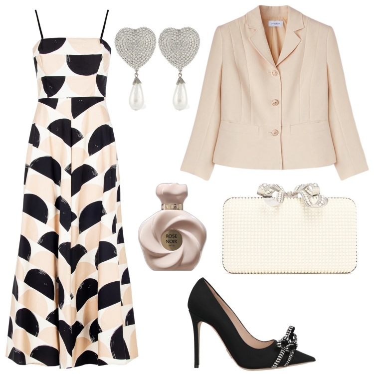 Outfit donna - Tuta bicolore con accessori dettaglio. Stile Chic per Serata fuori. Abbinamento con décolleté, profumi, vestiti midi/longuette, orecchini, blazer, pochette.
