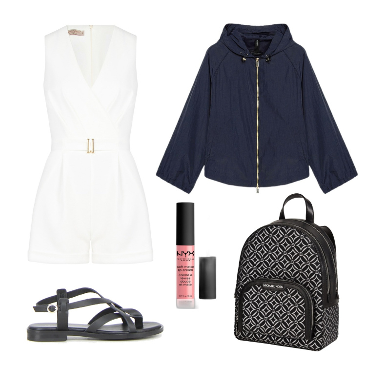 Outfit donna - Weekend. Stile Sporty chic per Tutti i giorni. Abbinamento con zaini, rossetti, tuta corta, parka, sandali.