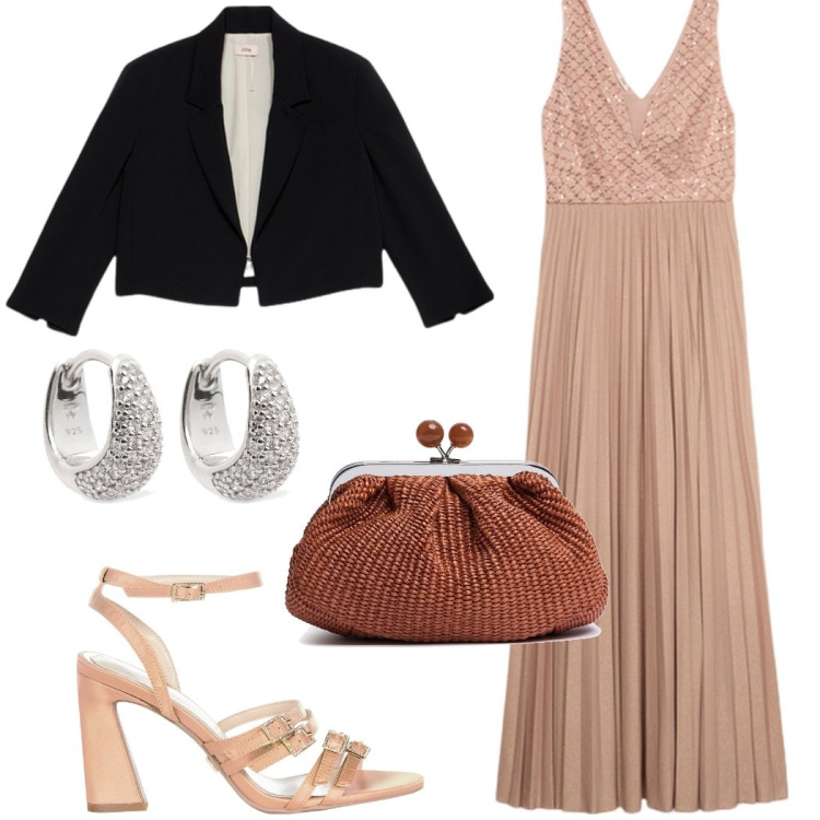 Outfit donna - Cerimonia elegante. Stile Glamour per Cerimonia. Abbinamento con sandali col tacco, vestiti lunghi, orecchini, pochette, bolero.