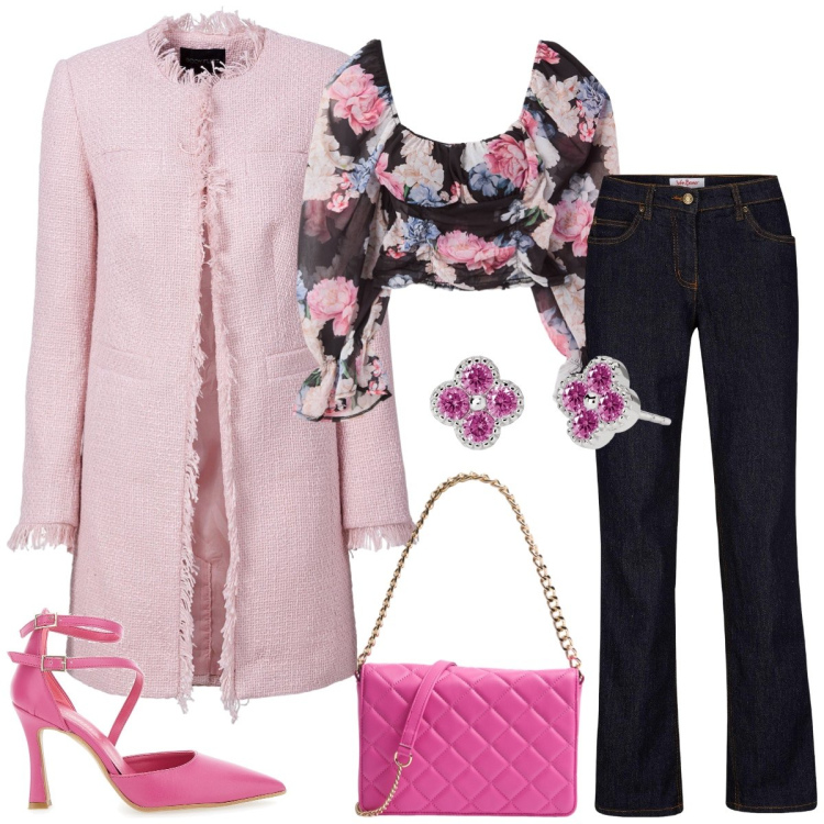 Outfit donna - Aperitivo in jeans. Stile Casual chic per Serata fuori. Abbinamento con blazer, jeans dritti, bluse, borse a tracolla, orecchini, décolleté.