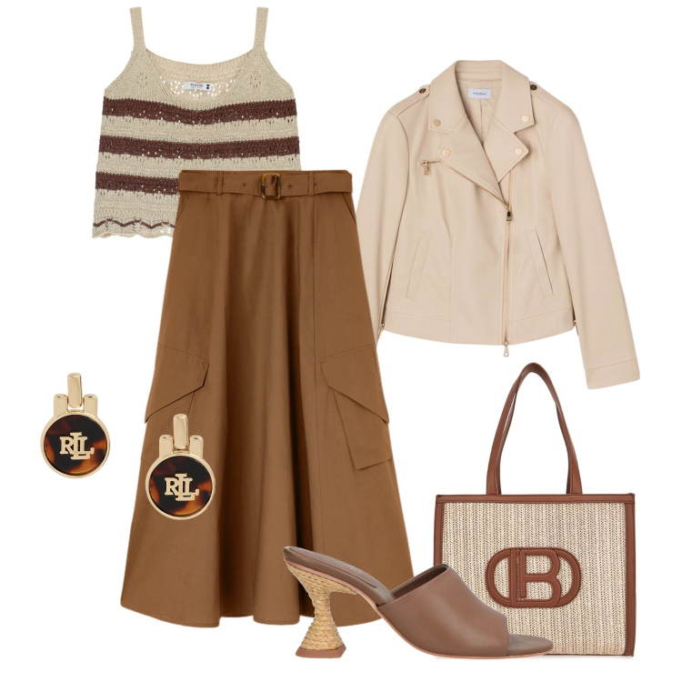 Outfit donna - Gonna cargo H24. Stile Trendy per Tutti i giorni. Abbinamento con sandali in pelle, top, orecchini, borse a spalla, gonne, blazer.