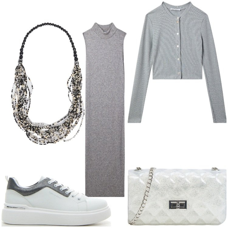 Outfit donna - Grigio sporty chic. Stile Sporty chic per Serata fuori. Abbinamento con borse a tracolla, vestiti senza maniche, cardigans, collane, sneakers.