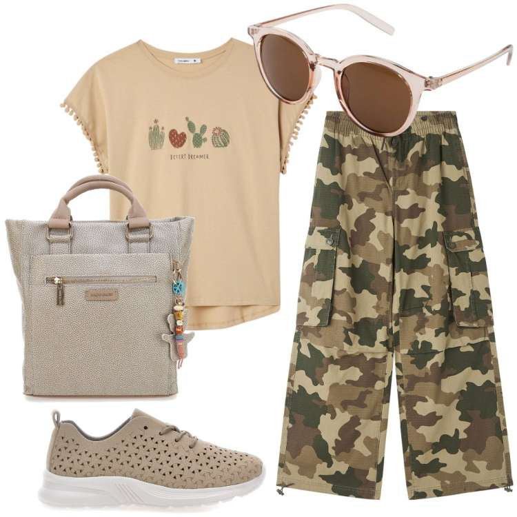 Outfit donna - City. Stile Urban per Tutti i giorni. Abbinamento con occhiali da sole, t-shirt, pantaloni cargo, sneakers, zaini.