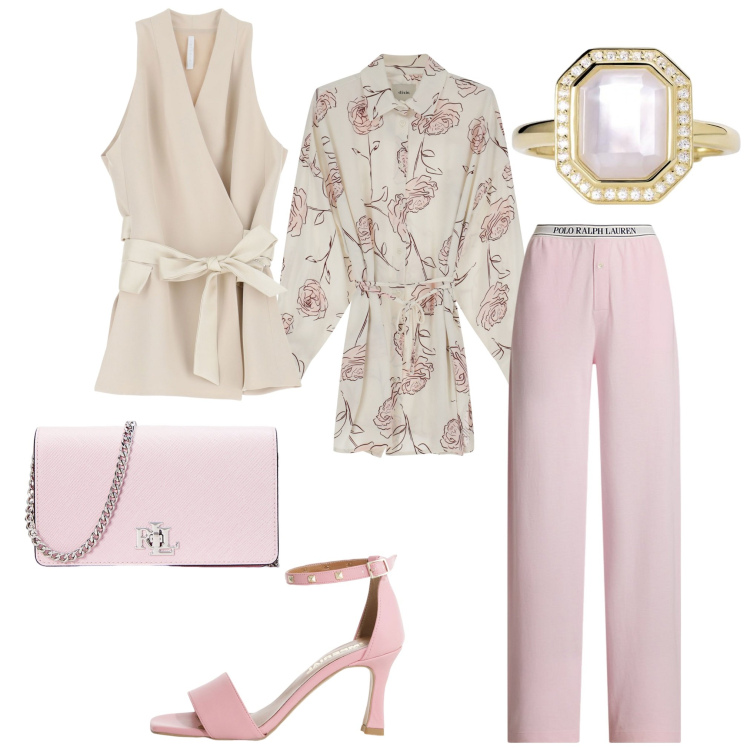 Outfit donna - Gelato di maggio. per Cerimonia. Abbinamento con anelli, sandali col tacco, gilet, camicie, pantaloni, borse a tracolla.