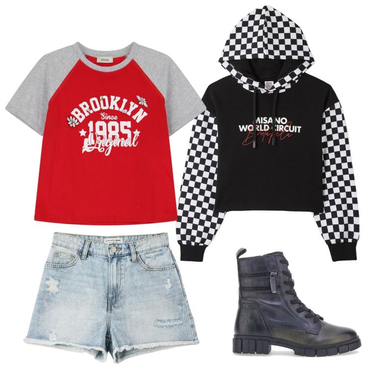 Outfit donna - Strep. Stile Urban per Tutti i giorni. Abbinamento con felpe con cappuccio, shorts, t-shirt, anfibi.