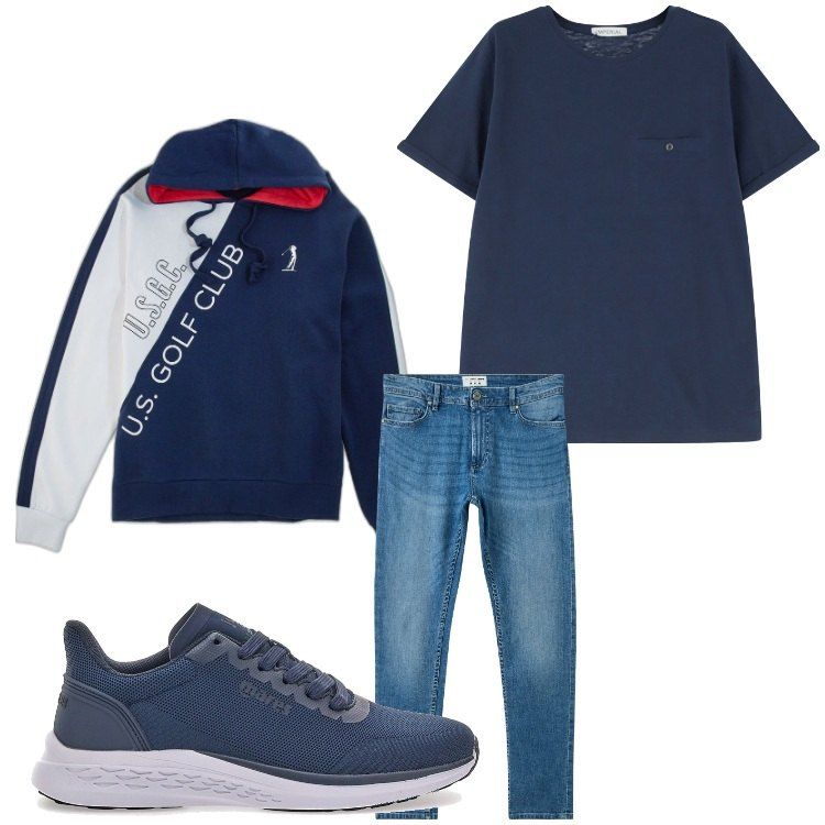 Outfit uomo - Blu e jeans. Stile Casual per Tutti i giorni. Abbinamento con jeans skinny, t-shirt, felpe, sneakers.