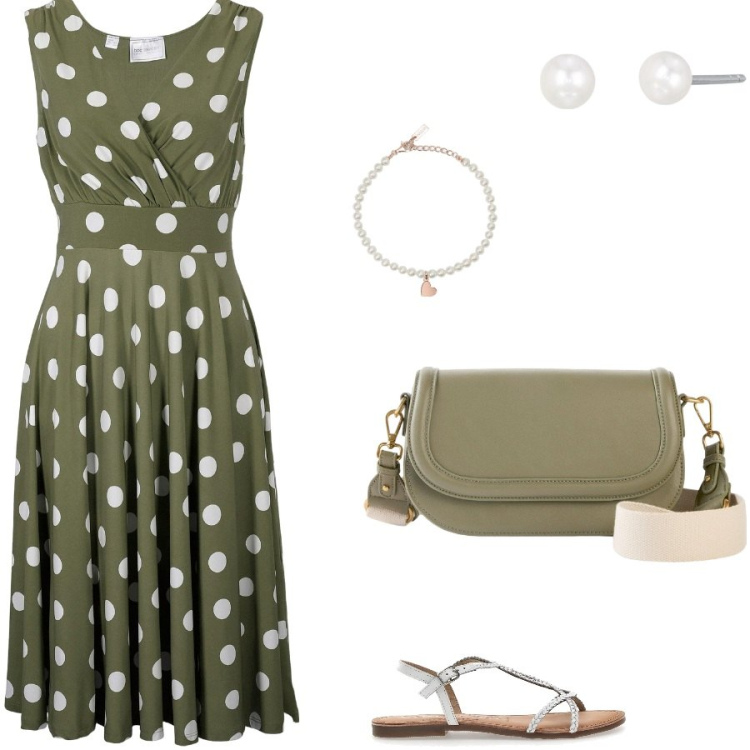 Outfit donna - Pois. Stile Bon Ton per Tutti i giorni. Abbinamento con vestiti, borse a tracolla, orecchini, braccialetti, sandali.