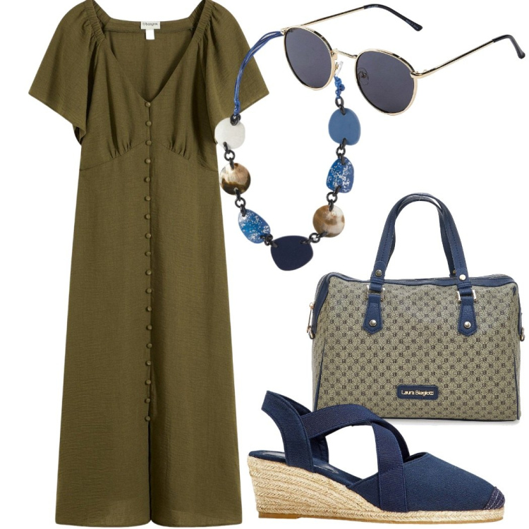 Outfit donna - Total look #2126598. Stile Casual chic per Tutti i giorni. Abbinamento con sandali col tacco, occhiali da sole, vestiti midi/longuette, borse a spalla, collane.