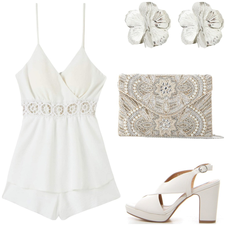 Outfit donna - La purezza del bianco. Stile Casual chic per Cerimonia. Abbinamento con pochette, tuta corta, orecchini, sandali col tacco.