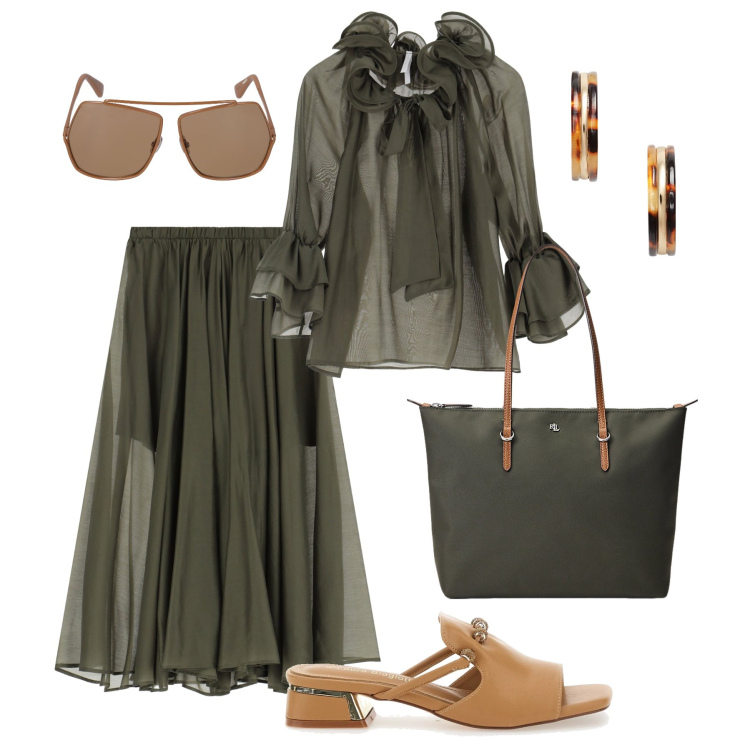 Outfit donna - Pantaloni effetto gonna. Stile Boho per Tutti i giorni. Abbinamento con pantaloni, bluse, borse tote, orecchini, ciabatte, occhiali da sole.
