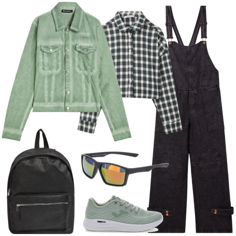 Outfit donna - In montagna. Stile Sporty chic per Tutti i giorni. Abbinamento con zaini, salopette, camicie, blazer, sneakers, occhiali da sole.