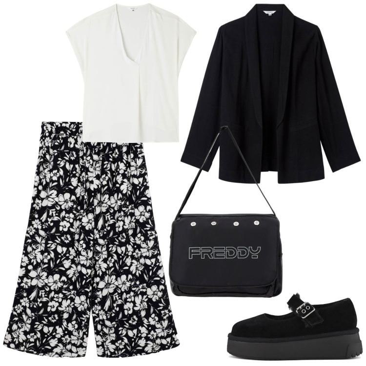 Outfit donna - Bianco e nero. Stile Casual chic per Cerimonia. Abbinamento con pantaloni a palazzo, blazer, bluse, borse messenger, décolleté.