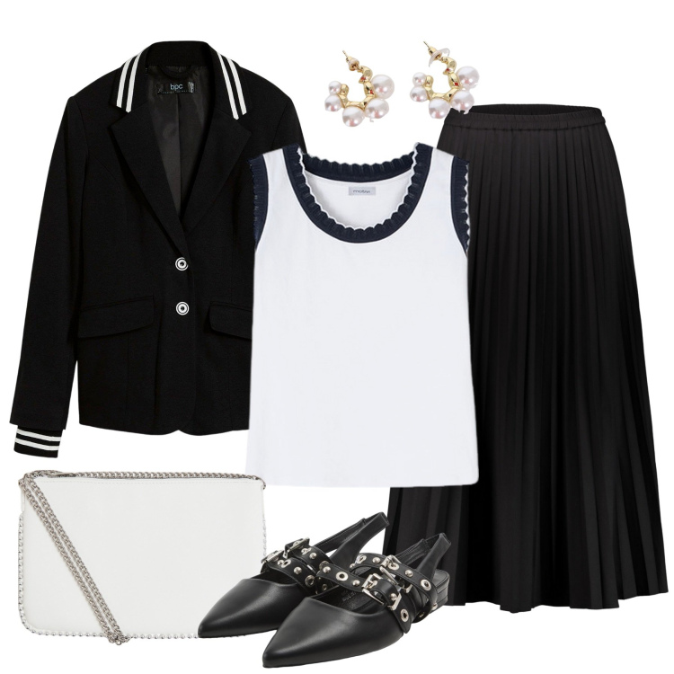 Outfit donna - Rifiniture in bianco e nero. Stile Casual chic per Tutti i giorni. Abbinamento con blazer, sabot, borse a tracolla, orecchini, gonne lunghe, top.