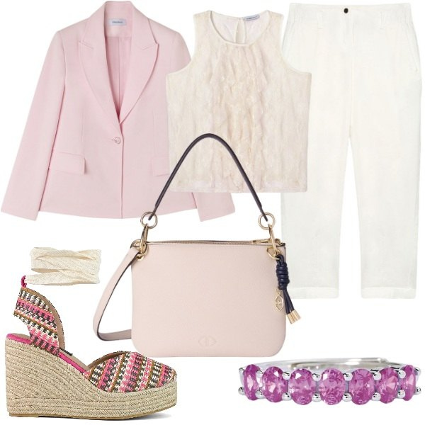 Outfit donna - La Comunione a maggio. Stile Glamour per Cerimonia. Abbinamento con anelli, pantaloni, zeppe, top, borse a tracolla, blazer.