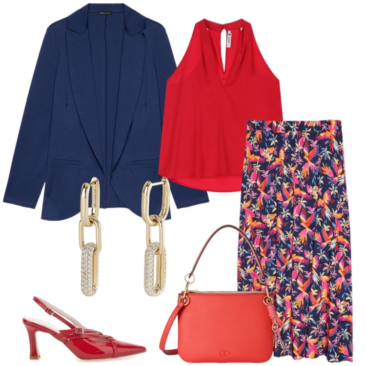 Outfit donna - In città. Stile Romantica per Tutti i giorni. Abbinamento con orecchini, top, décolleté, gonne lunghe, blazer, borse a tracolla.