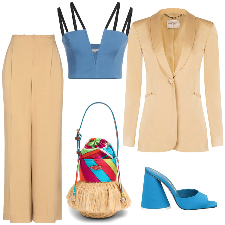Outfit donna - Una borsetta arcobaleno. Stile Glamour per Tutti i giorni. Abbinamento con pantaloni, top, sandali in pelle, blazer, borse a mano.