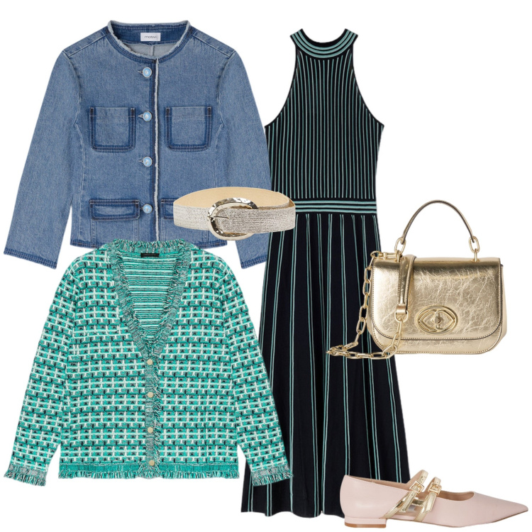 Outfit donna - Comunione a maggio 🩵🩷. Stile Casual chic per Cerimonia. Abbinamento con cinture, cardigans, vestiti midi/longuette, borse a tracolla, blazer, ballerine.