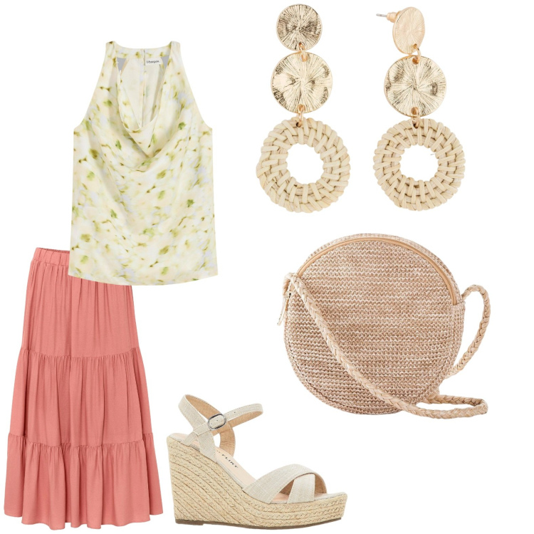 Outfit donna - Sammer. Stile Casual per Tutti i giorni. Abbinamento con top, gonne longuette, sandali, orecchini, borse a tracolla.