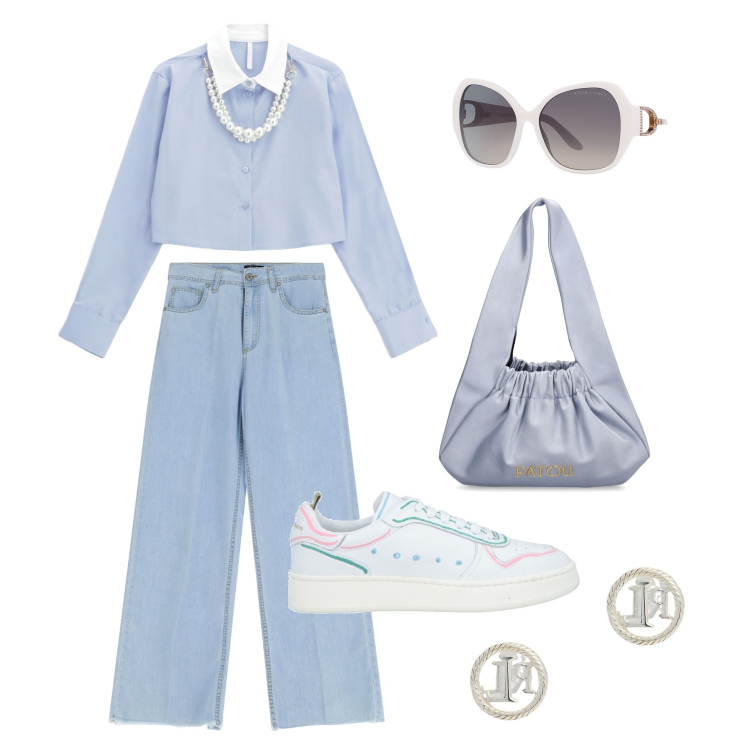 Outfit donna - Look sportivo con stile. Stile Casual chic per Tutti i giorni. Abbinamento con sneakers, camicie, jeans, orecchini, occhiali da sole, borse a spalla.