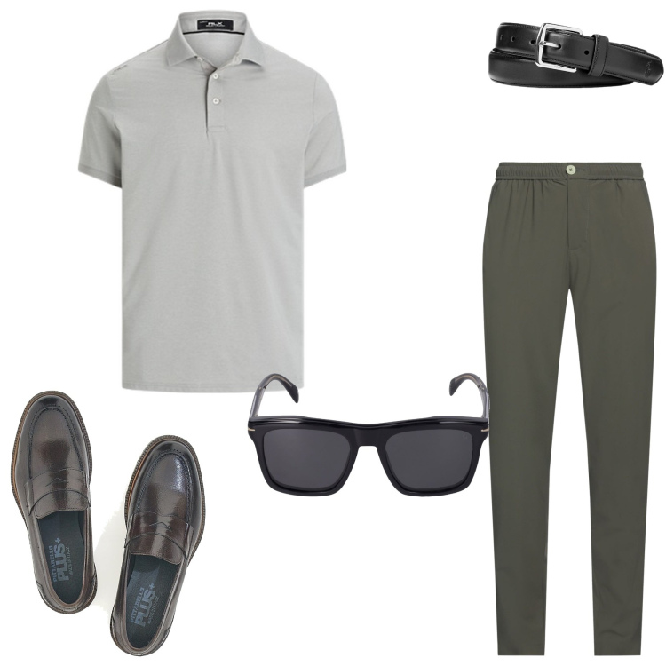 Outfit uomo - Sporty chic. Stile Urban per Ufficio. Abbinamento con pantaloni, cinture, polo, scarpe stringate, occhiali da sole.