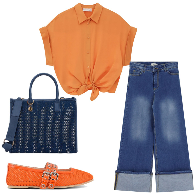 Outfit donna - Camicia arancione. Stile Casual chic per Scuola/Università. Abbinamento con jeans dritti, camicie a manica corta, ballerine, borse a mano.
