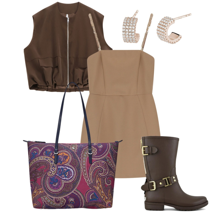 Outfit donna - Temporale estivo. Stile Casual per Tutti i giorni. Abbinamento con orecchini, vestiti corti, blazer, borse tote, stivali.