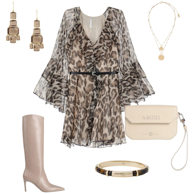 Outfit donna - Serata evento glamour. Stile Glamour per Serata fuori. Abbinamento con stivali, borse a mano, vestiti corti, ciondoli, braccialetti, orecchini.