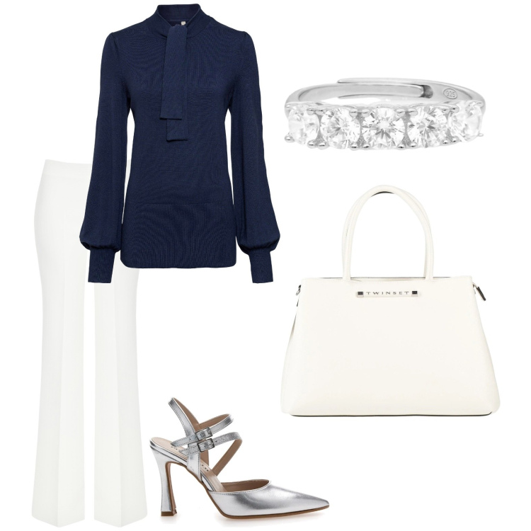 Outfit donna - Total look #2126663. Stile Chic per Serata fuori. Abbinamento con maglieria, borse a mano, anelli, pantaloni a palazzo, décolleté.