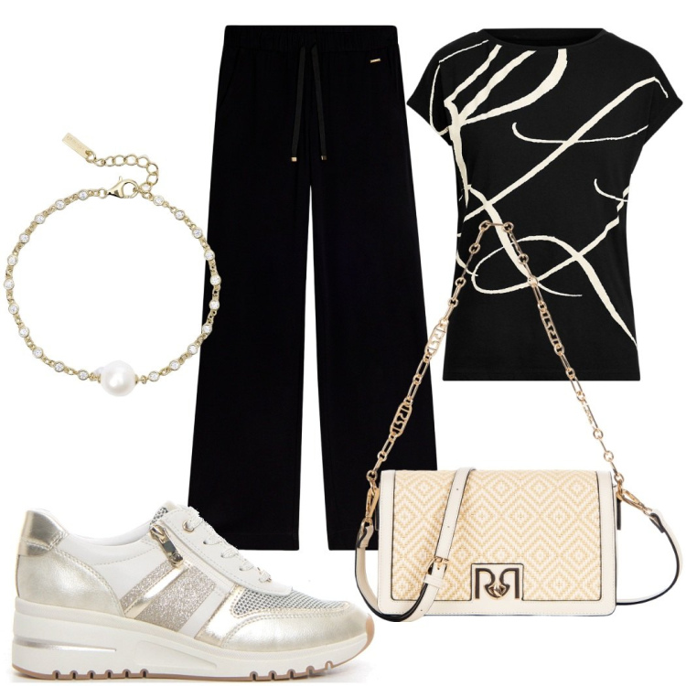Outfit donna - Passeggiata al centro. Stile Casual chic per Tutti i giorni. Abbinamento con braccialetti, borse a tracolla, pantaloni, maglieria, sneakers.