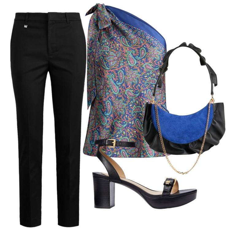 Outfit donna - Top disegno cachemire. Stile Casual chic per Serata fuori. Abbinamento con borse a mano, top, pantaloni, sandali col tacco.