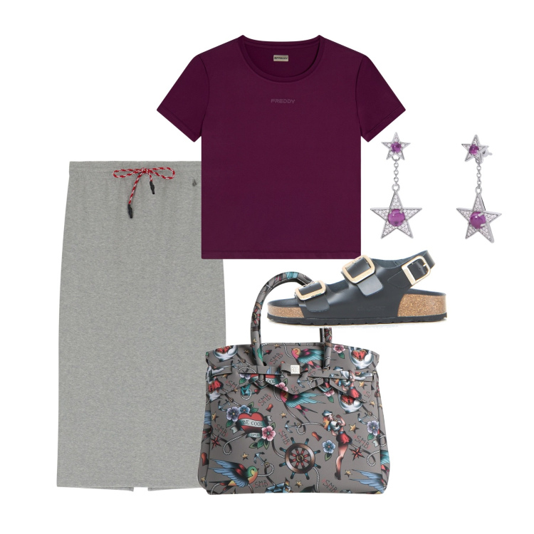 Outfit donna - Maggio. Stile Basic per Tutti i giorni. Abbinamento con borse a mano, orecchini, gonne longuette, t-shirt, sandali.