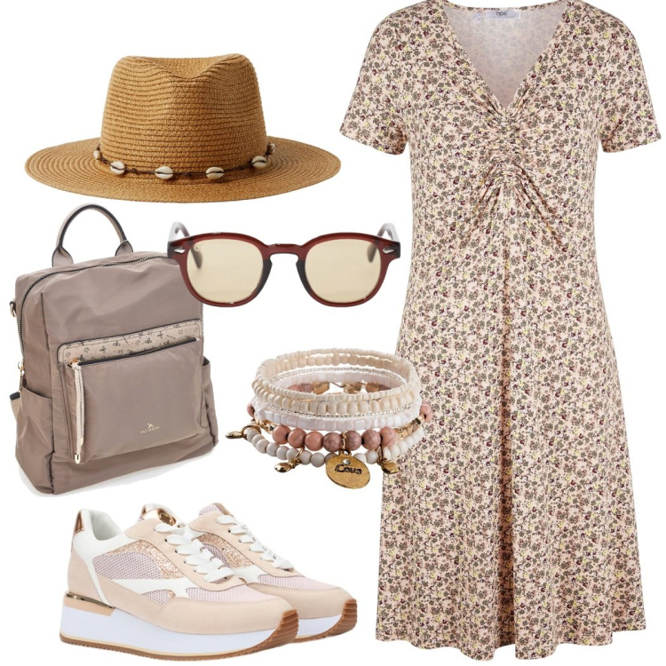 Outfit donna - Estate romantica. Stile Casual chic per Tutti i giorni. Abbinamento con braccialetti, vestiti midi/longuette, cappelli, occhiali da sole, zaini, sneakers.