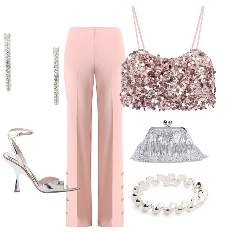 Outfit donna - Serata chic. Stile Glamour per Serata fuori. Abbinamento con pantaloni a palazzo, top, décolleté, orecchini, braccialetti, pochette.