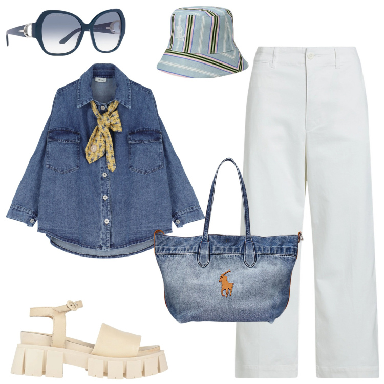 Outfit donna - Messicana. per Scuola/Università. Abbinamento con sandali in pelle, pantaloni, occhiali da sole, borse tote, cappelli, camicie.