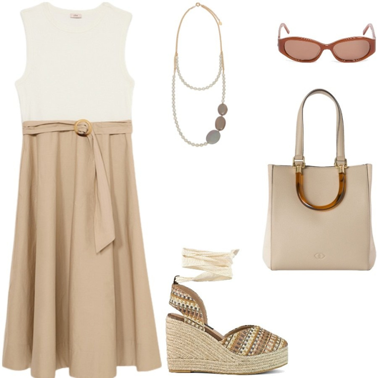 Outfit donna - Vestito smanicato. Stile Casual chic per Ufficio. Abbinamento con zeppe, vestiti midi/longuette, shopping bag, collane, occhiali da sole.