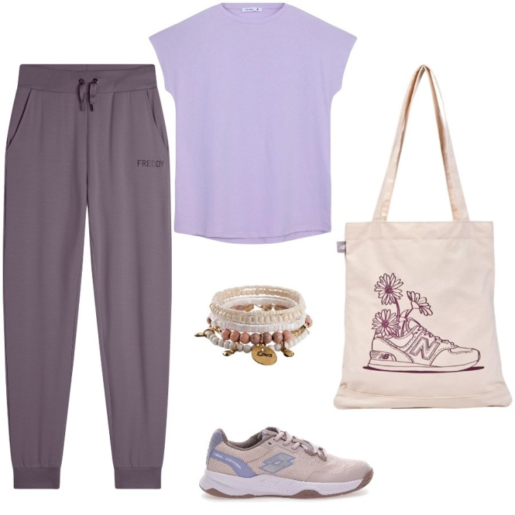 Outfit donna - Walking. Stile Casual per Tutti i giorni. Abbinamento con braccialetti, t-shirt, shopping bag, pantaloni, sneakers.